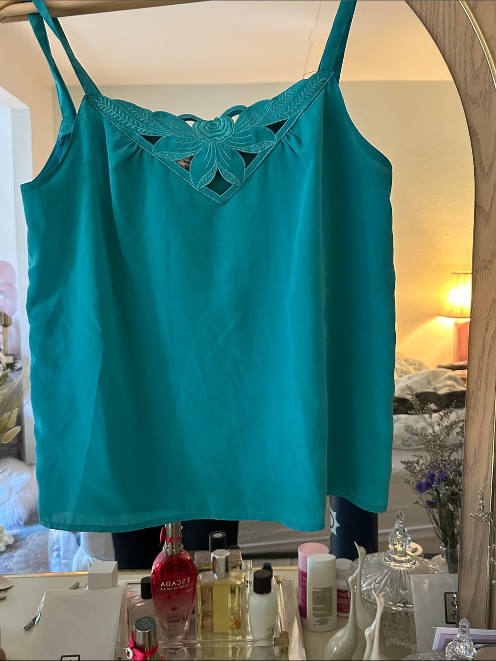 Vintage Teal turquoise Floral Cutout Cami Top - Women